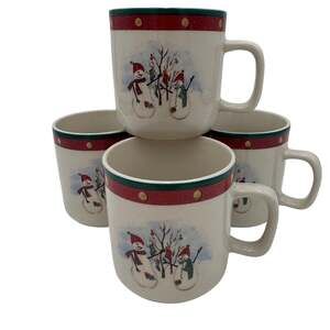 Set/4 Royal Season Coffee Mugs Stoneware Snowman Winter Christmas Dishes